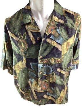Tommy Bahama Mens Silk Cigar-Theme Hawaiian Shirt*Relax Fit*Short Sleeve*Med*EUC